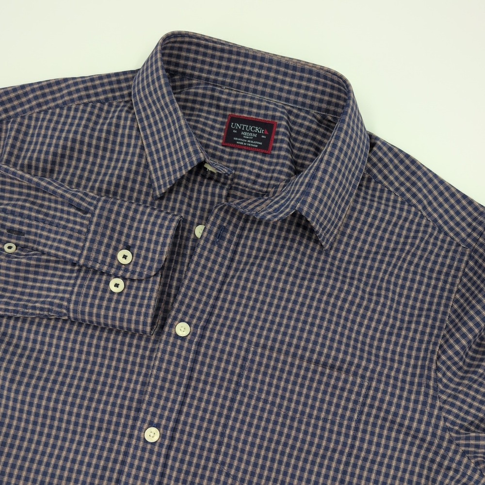 UNTUCKit Men M Slim Fit Plaid Performance Stretch Wrinkle Free Shrt Navy Lg Slve